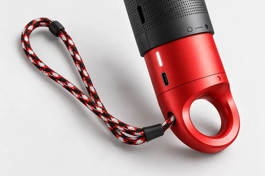 Red speaker with a braided strap
