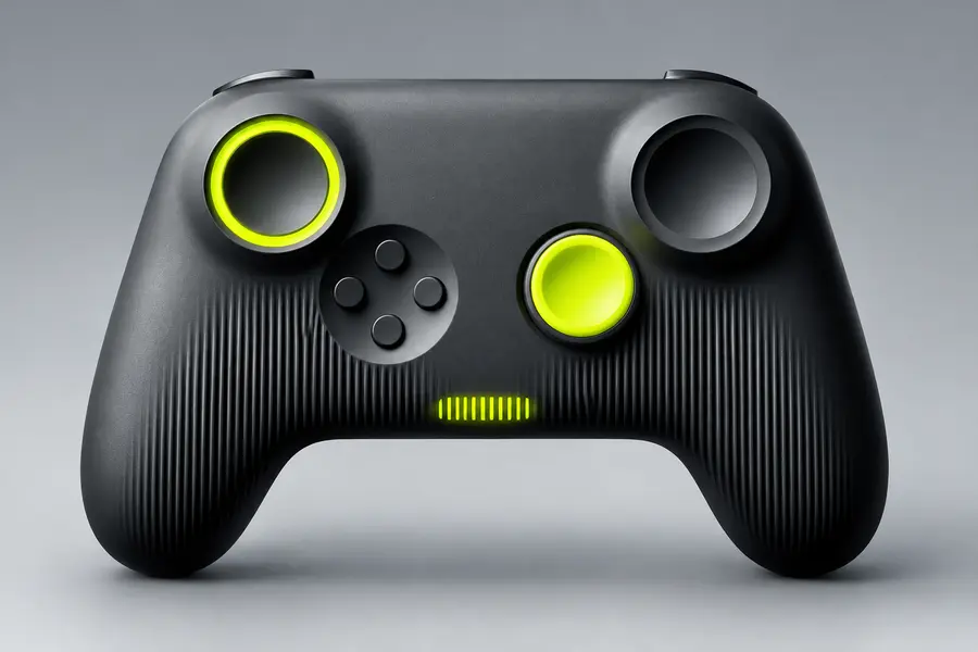 Black controller with neon yellow buttons