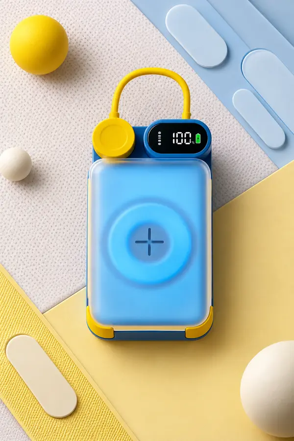 Power bank in blue and yellow, seen from above